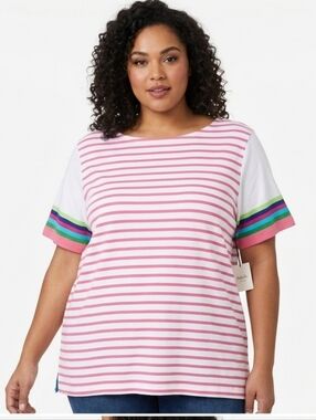 NWT Rafaella Light Pink Striped Top with Multi-Color Sleeve Detail (Runs Small)